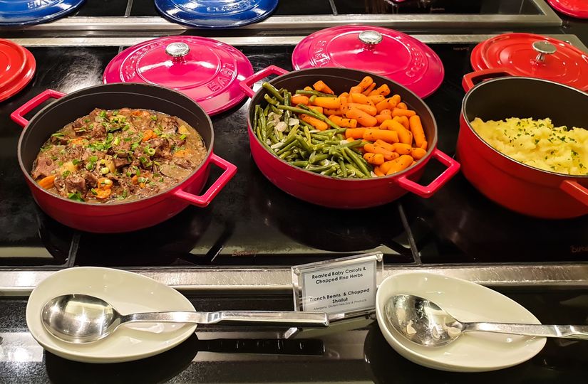 L to R: Aged beef hot pot, French beans, roasted carrots, potato mash